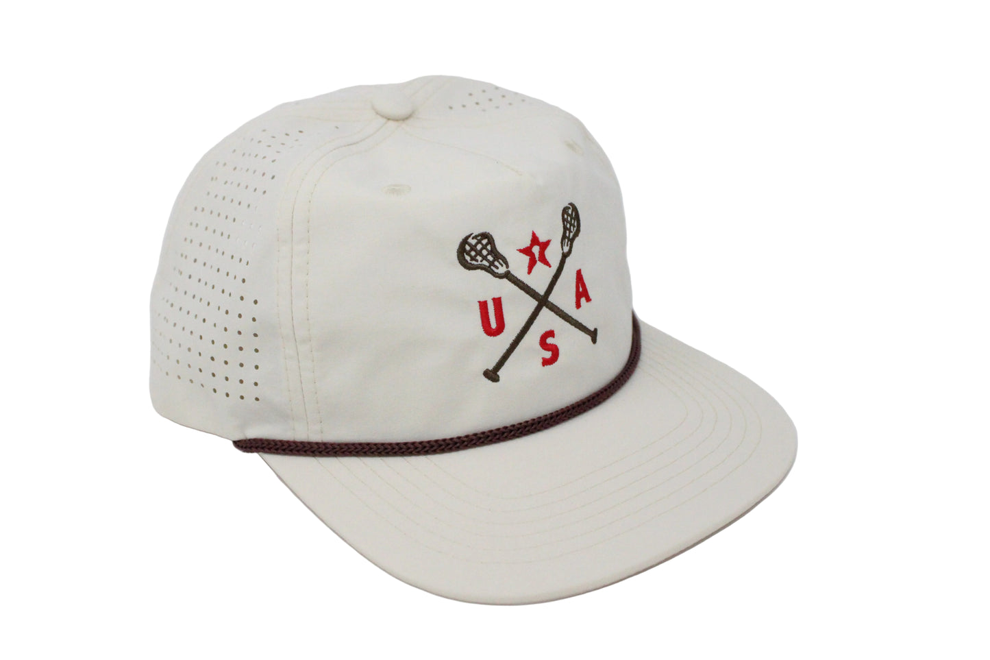 Cream with Brown Rope Low Profile hat with Crossed Sticks.