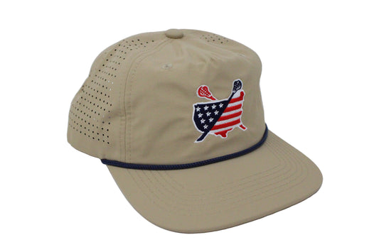 Khaki Hat with Navy Rope. USA Stars / Stripes Lacrosse Logo.